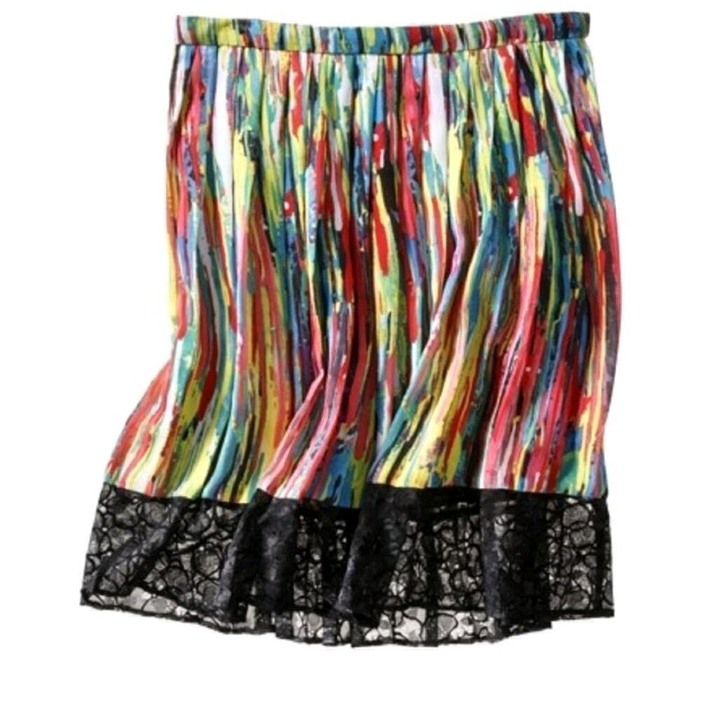 Prabal Gurung Pleated Skirt Lace Paint Brush Print A-Line Colorful Sz 10 BOHO